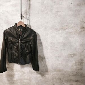 Wilsons Leather Black Cropped Zip Front Moto Jacket